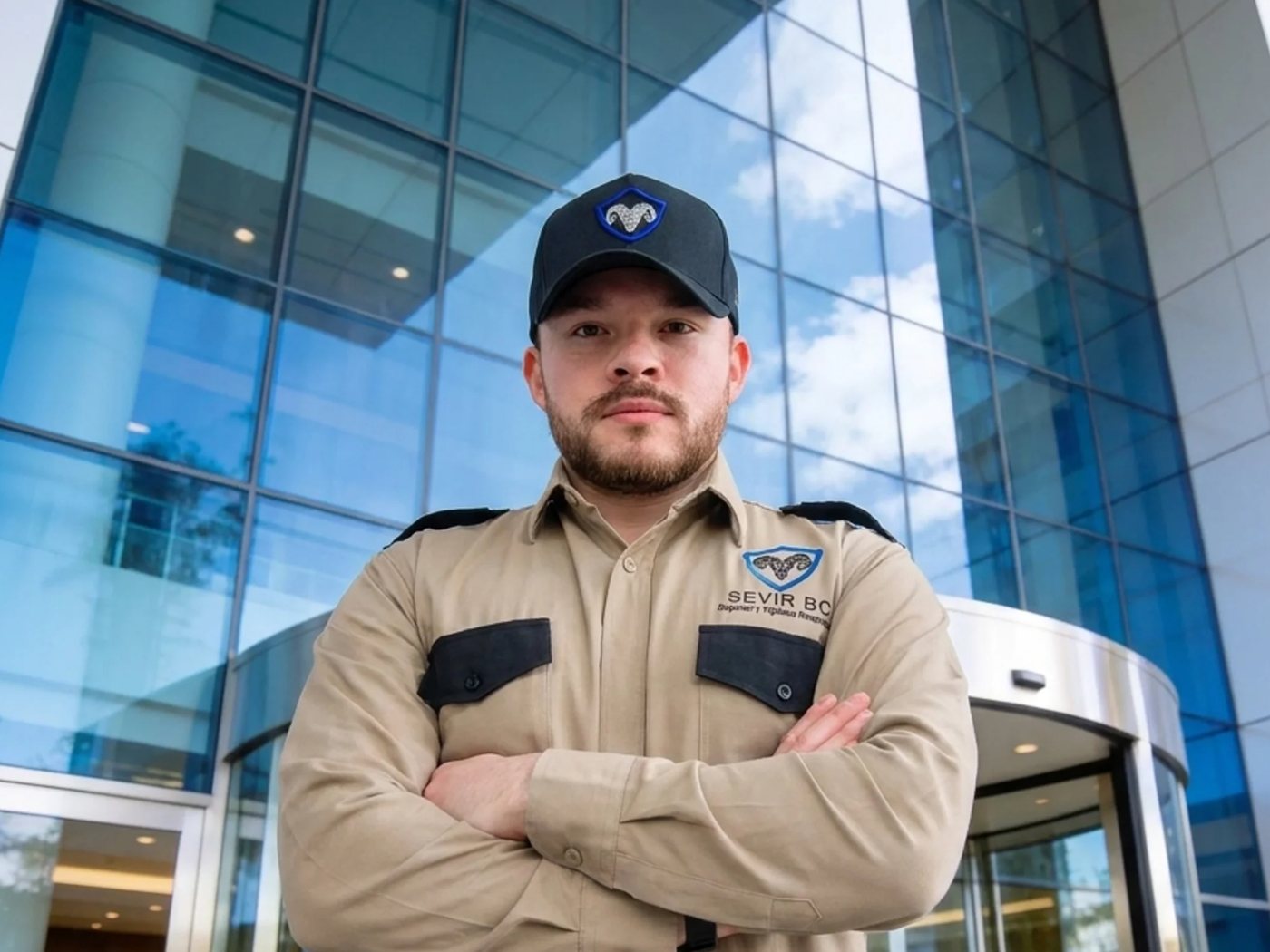Guardia de seguridad privada profesional frente a edificio corporativo en Tijuana