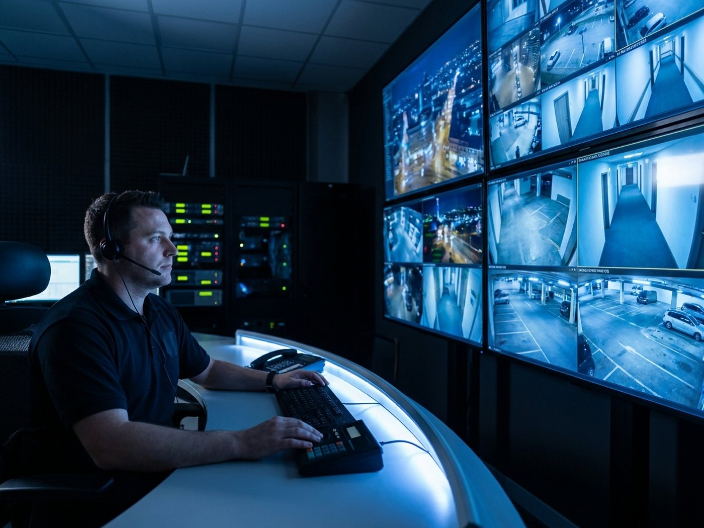 Operador en centro de monitoreo CCTV y control de accesos