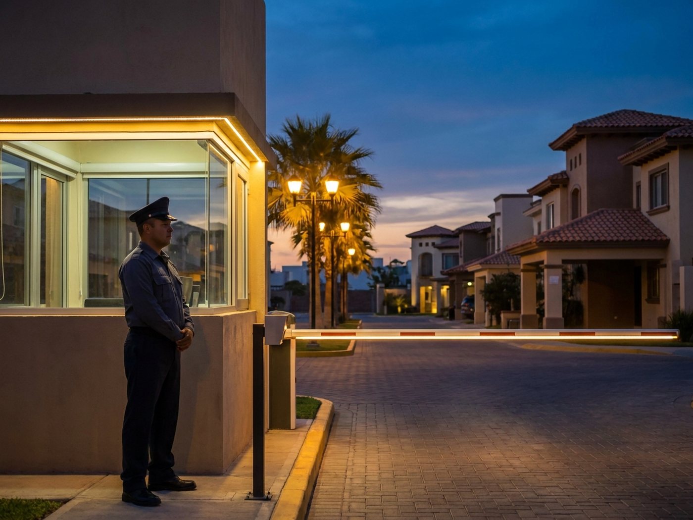 Guardia de seguridad privada en caseta de acceso de fraccionamiento residencial